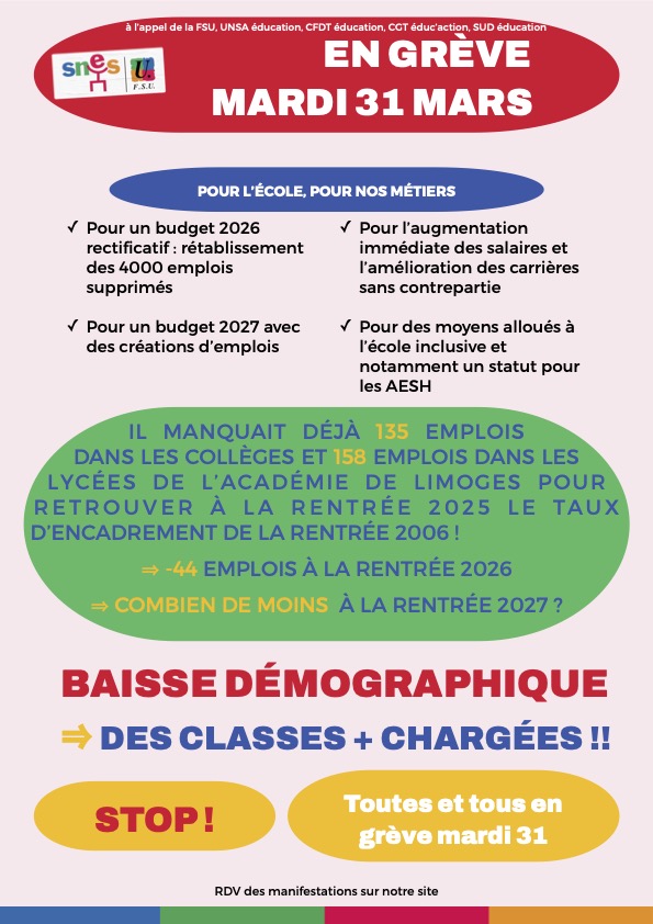 Rentrée 2026 - 44 emplois supprimés - En grève le mardi 31 mars !